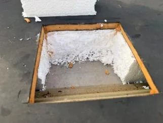 Roof core cut exposing saturated insulation found during an assessment.
