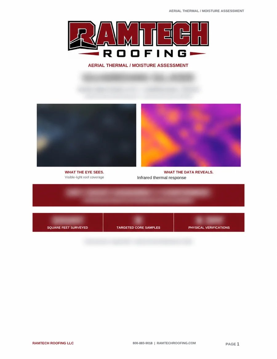 Example Ramtech thermal roof assessment report, with customer information and findings obscured